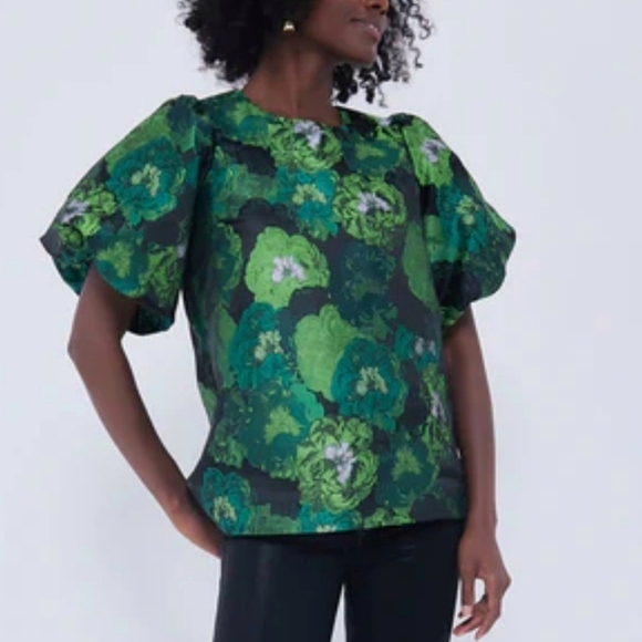 Tuckernuck, New Pomander Place Lyla Green Jacquard Floral Blouse Top SZ Small - Picture 3 of 15